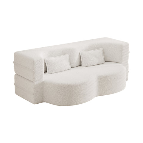 Modern Floor Sofa with 2 Pillows,Convertible Teddy Fabric Foam Filled Sleeper Sofa Bed,15 ' Full Size Folding Mattress for Living Room,Guest Bed,Playroom,no assembly required,Beige