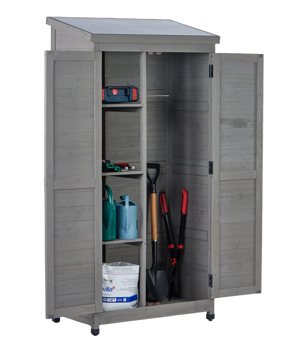 Outdoor Wooden Storage Shed with Metal Top Tall Vertical Tool Cabinet for Backyard Garden Patio Lawn