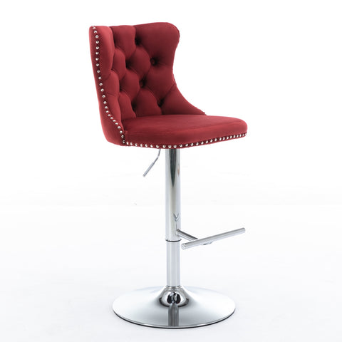 Swivel Velvet Barstools with Adjustable Seat Height, Chrome Base, Tufted Back, Wine Red, Velvet, Set of 2