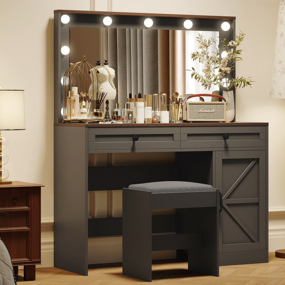 43.4'Makeup Vanity Table, Makeup Table with Large Mirror and 11 LED Light , Brightness Adjustable, Dressing Table Desk with 3 Drawers, Vanity Desk for Women(Black with Stool)