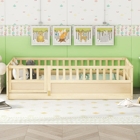 Twin Size Floor bed, integral construction with super high security barrier, door, children's floor bed frame, Montessori wooden children's floor bed,Natural Wood