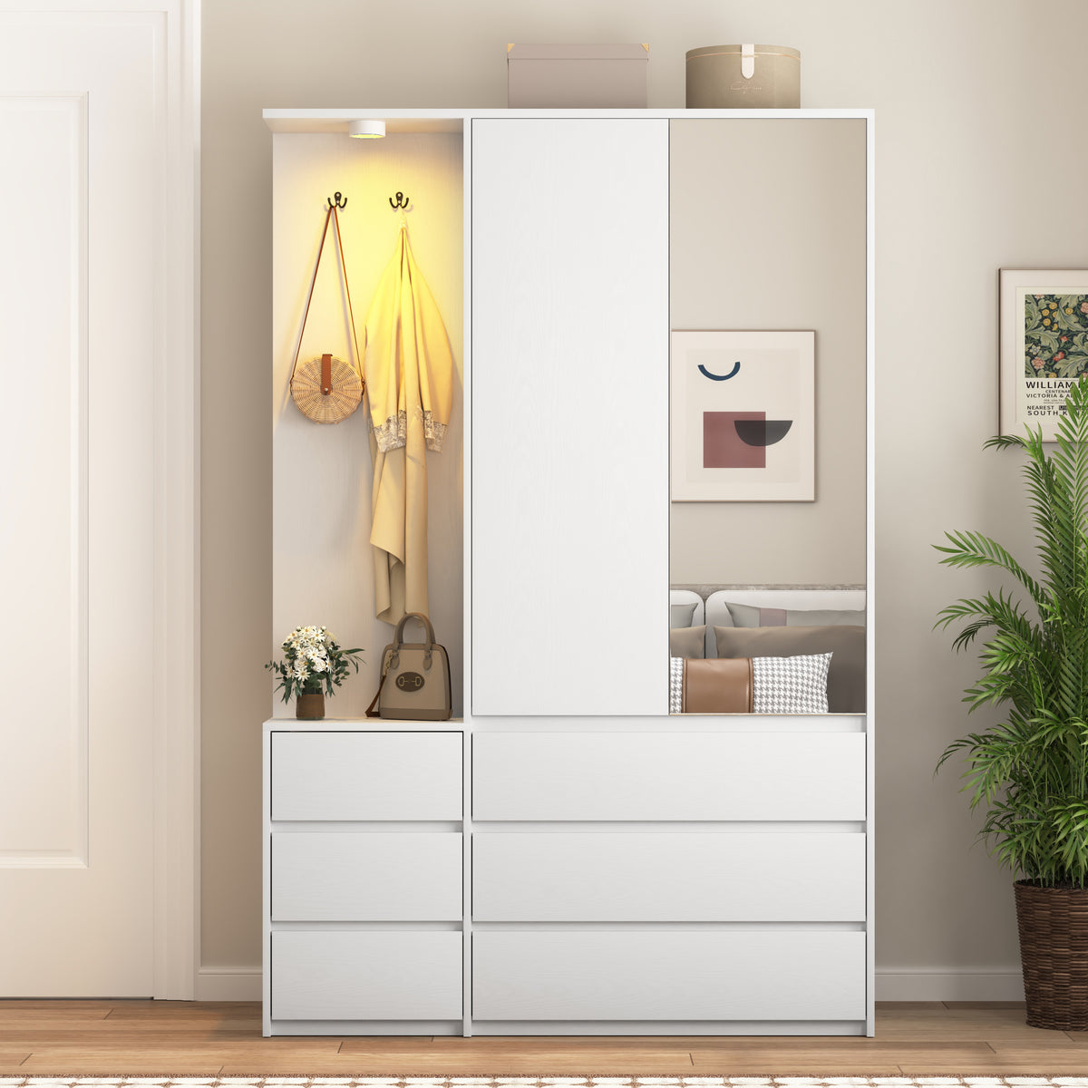 Wardrobe Closet 70.8' H, Bedroom Wooden Wardrobe with 3 Doors 2 Drawers, Modern Clothing Storage Cabinet Combination with Storage Shelves and Hanging Rail, White