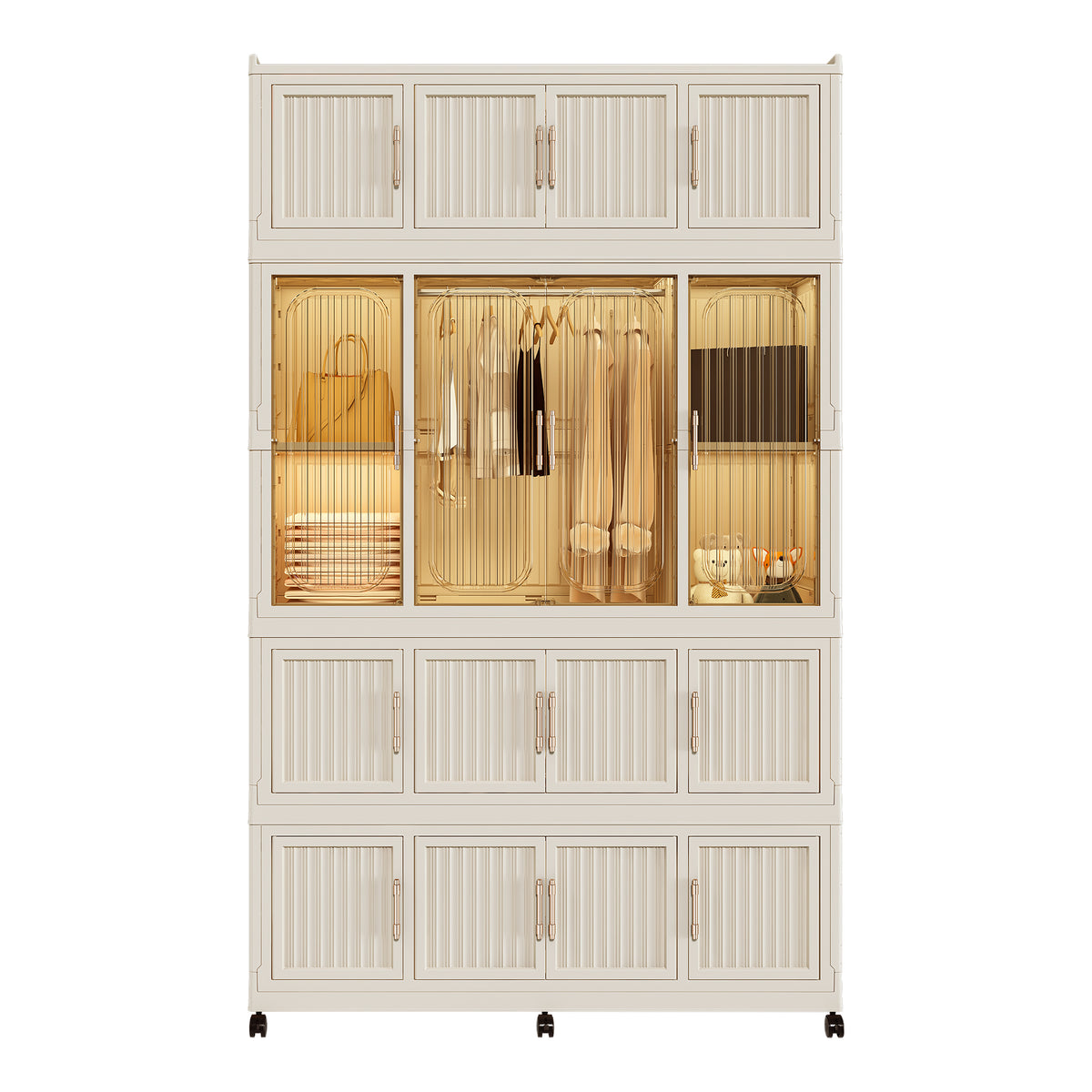 Portable Wardrobe Closet Storage Organizer with 17 Magnetic Doors, 17 Cubes, Hanging Rod & 6 Hangers, Creamy White Polypropylene Closet for Clothes, Baby Items, and Household Storage