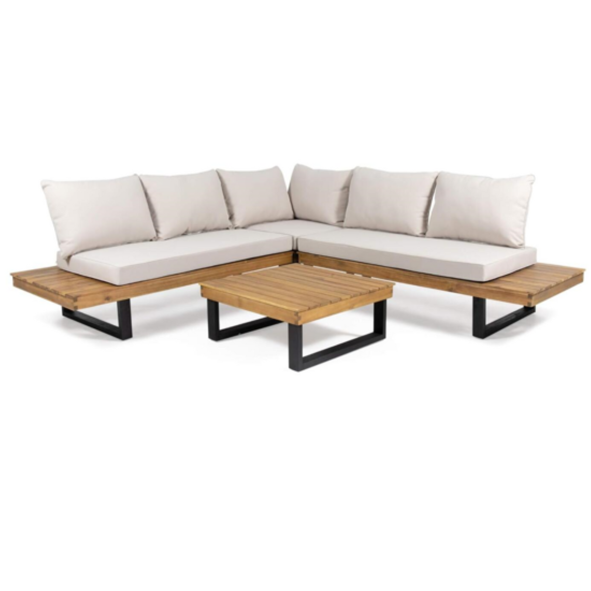 Sebastian Hand-Crafted 4-Piece Sofa Set with Water-Resistant Cushions, Beige Acacia Wood and Teak Finish
