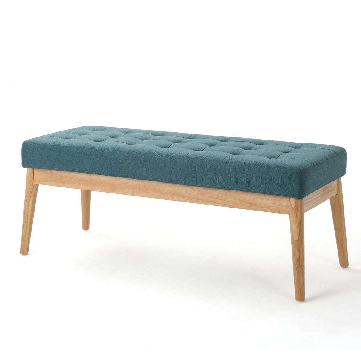 Vibratory Button Tufted Upholstered Ottoman with Splayed Wooden Legs, Teal and Natural