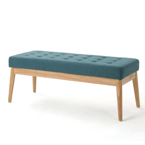 Vibratory Button Tufted Upholstered Ottoman with Splayed Wooden Legs, Teal and Natural