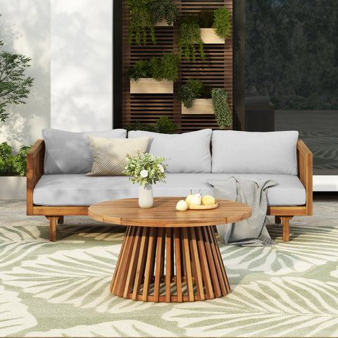 Acacia Wood Patio Furniture Set,Outdoor 3 Seater Daybed(with Water Resistant Thick Cushions)and Round Coffee Table, Light Gray Cushion