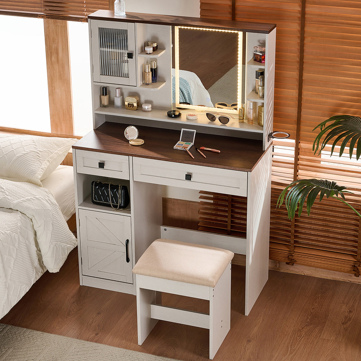 Farmhouse Makeup Vanity Desk with Mirror and Lights,Dressing Table Set with Charging Station and Stool,Drawers,Shelves and Side Cabinet,White