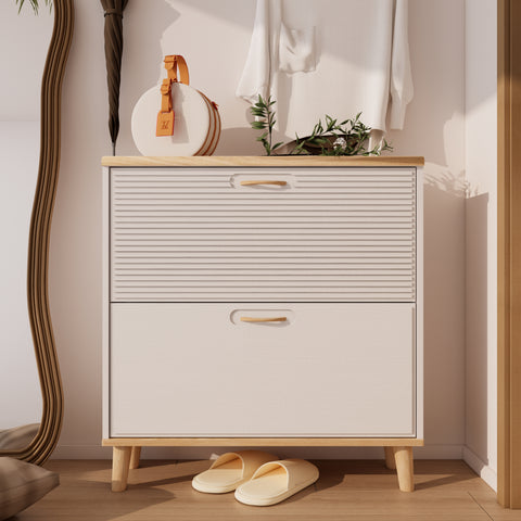 Shoes Storage Cabinet for Entryway,Narrow Shoe Rack Cabinet,Shoe Cabinet with 2 Flip Drawers,Freestanding Shoe Organizer with Natural Wood Legs,Slim Entryway Storage Organizer for 8-16 Pairs