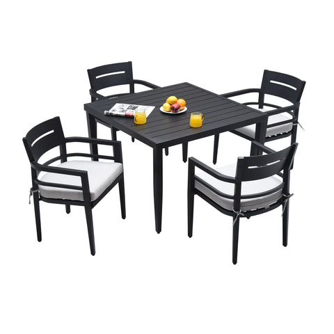 5-Piece Outdoor Patio Aluminum Furniture, Modern Dining Set, including 4 Dining Chairs Sunbrella Fabric Cushioned and 40' Square Dining Table with 2'Umbrella Hole, Ember Black