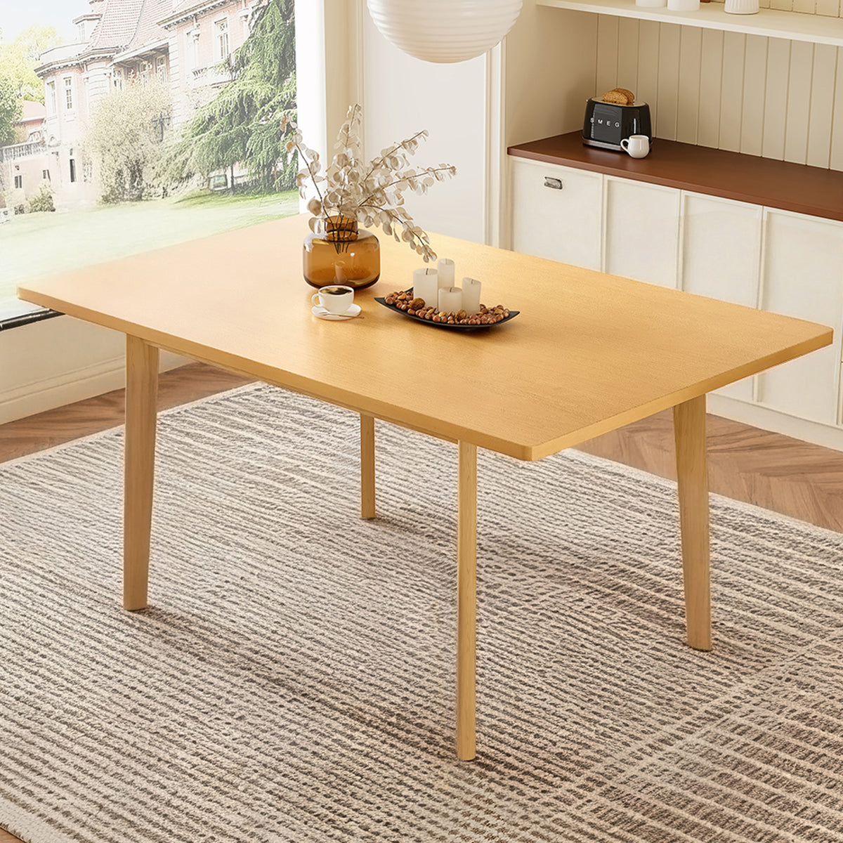 60' Rustic Farmhouse Dining Table - Solid Wood Frame, Minimalist Modern Dining Table for Kitchen, Dining Room, Living Room, Natural