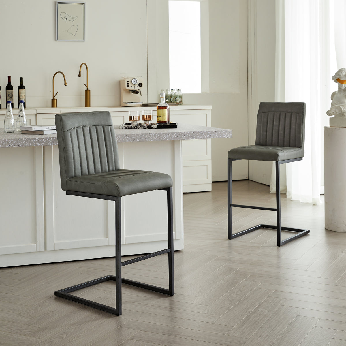 Gray Faux Leather Bar Stool with Vertical Tufted Backrest - Sturdy Black Metal Frame Counter Height Seating with Footrest for Kitchen Island, Home Bar & Dining Space,2 Sets