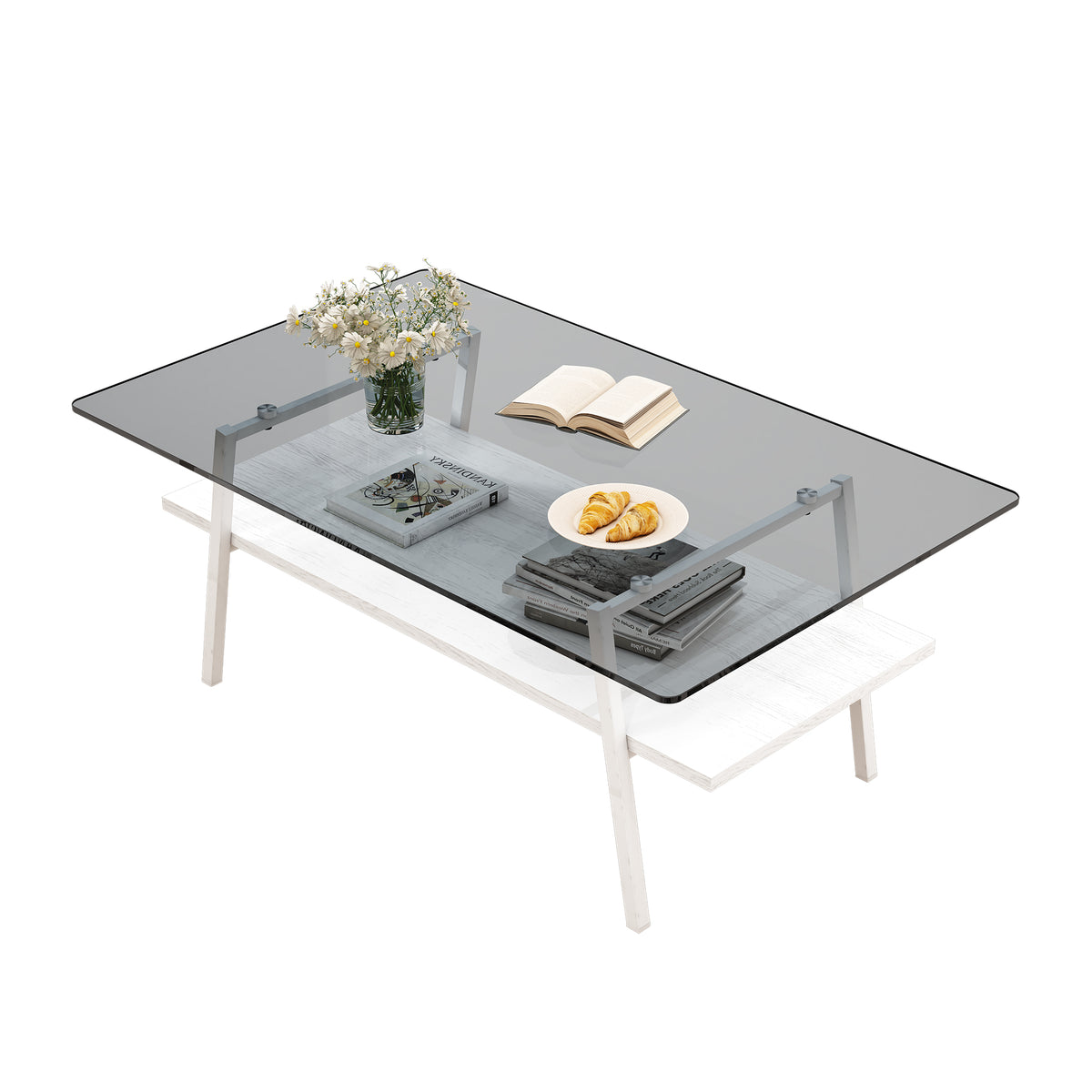 Modern Rectangular Coffee Table with Tempered Gray Glass Top and MDF Layer – Table for Living Room