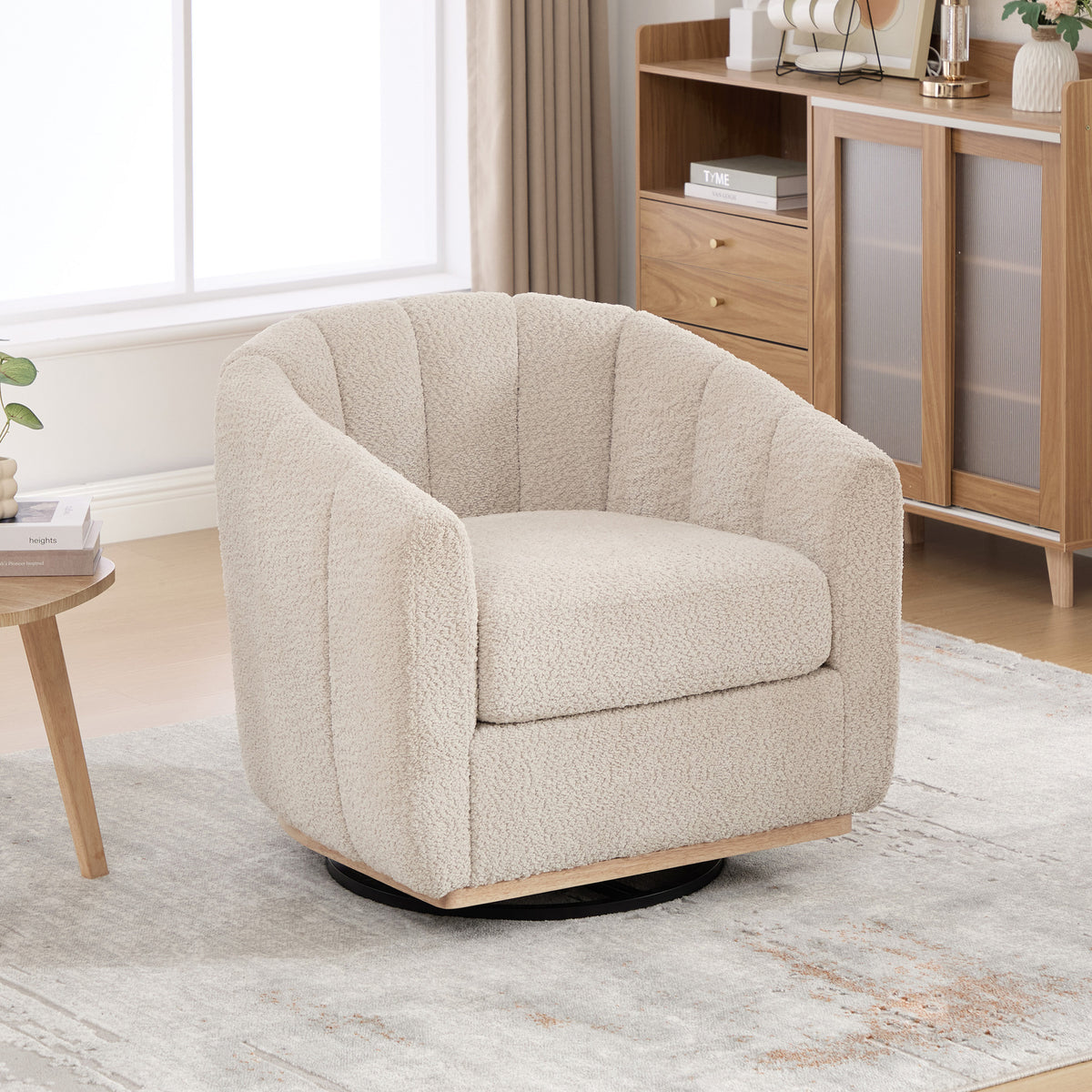 31.89 'Wide Modern Chenille Cushioned  Metal Base 360° Swivel Chair, Upholstered  Barrel Chair, Tufted Pumpkin-Shape Club Armchair for Living Room, Family Room, Bedroom, Lounge Area, Office.Wheat