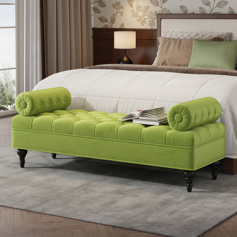 Modern Bedroom Bench,Bench for End of Bed,Velvet Upholstered Bench with 2 Detachable Pillows,Comfy Upholstered Footstool,Ottoman  for Bedroom,Living Room, Entryway,Green