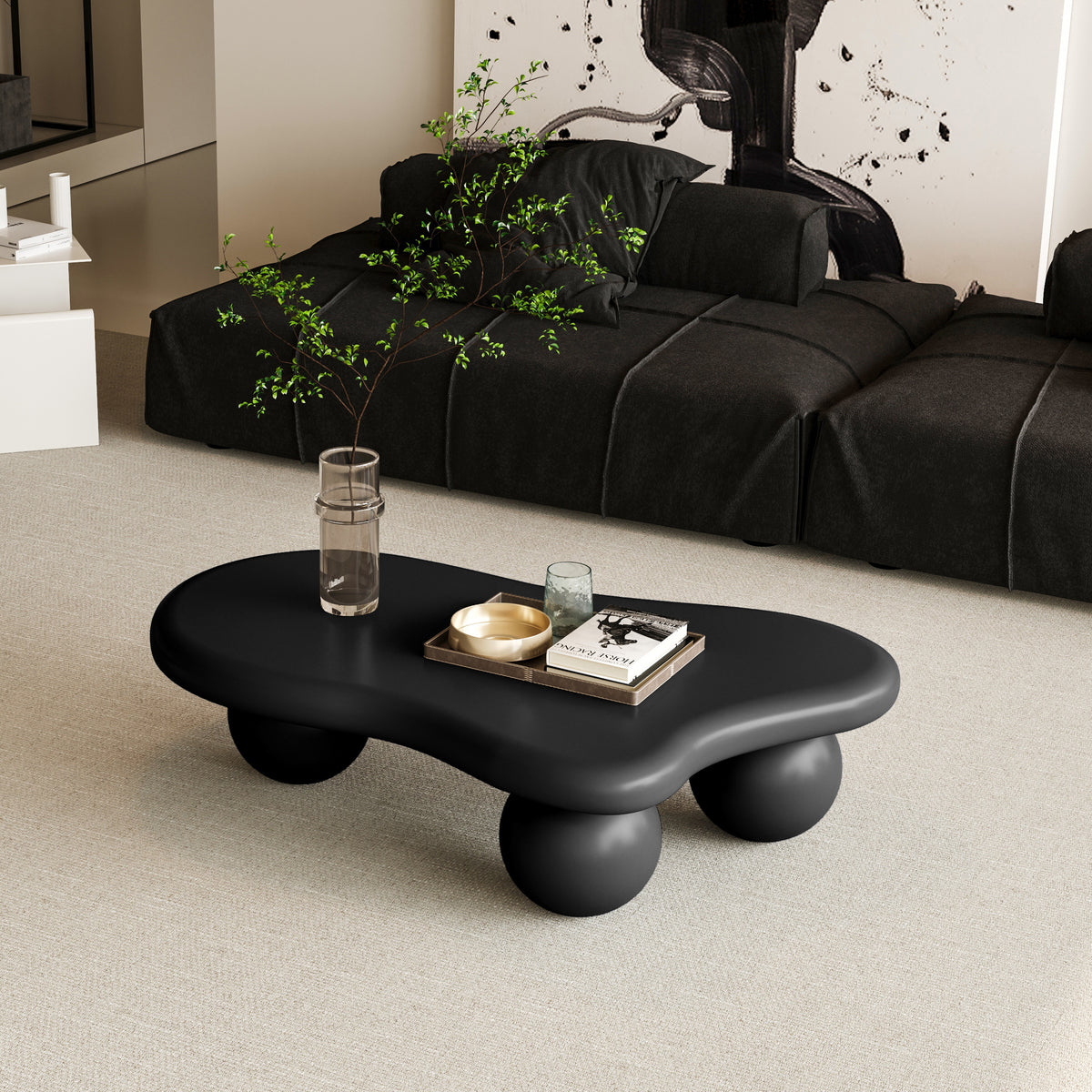 40 Inch Cloud Shaped Coffee Table with 3 Ball Legs for Living Room, Black