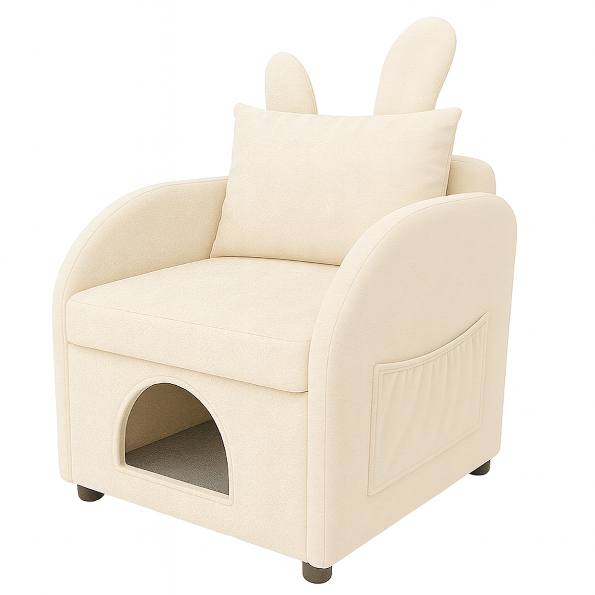 Beige Velvet Bunny-Ear Pet-Friendly Armchair with Cat & Dog Hideaway, Plush Sofa Chair with Side Pocket, Cute Dual-Use Accent Chair for Living Room, 27.4 x 25.2 x 37.4