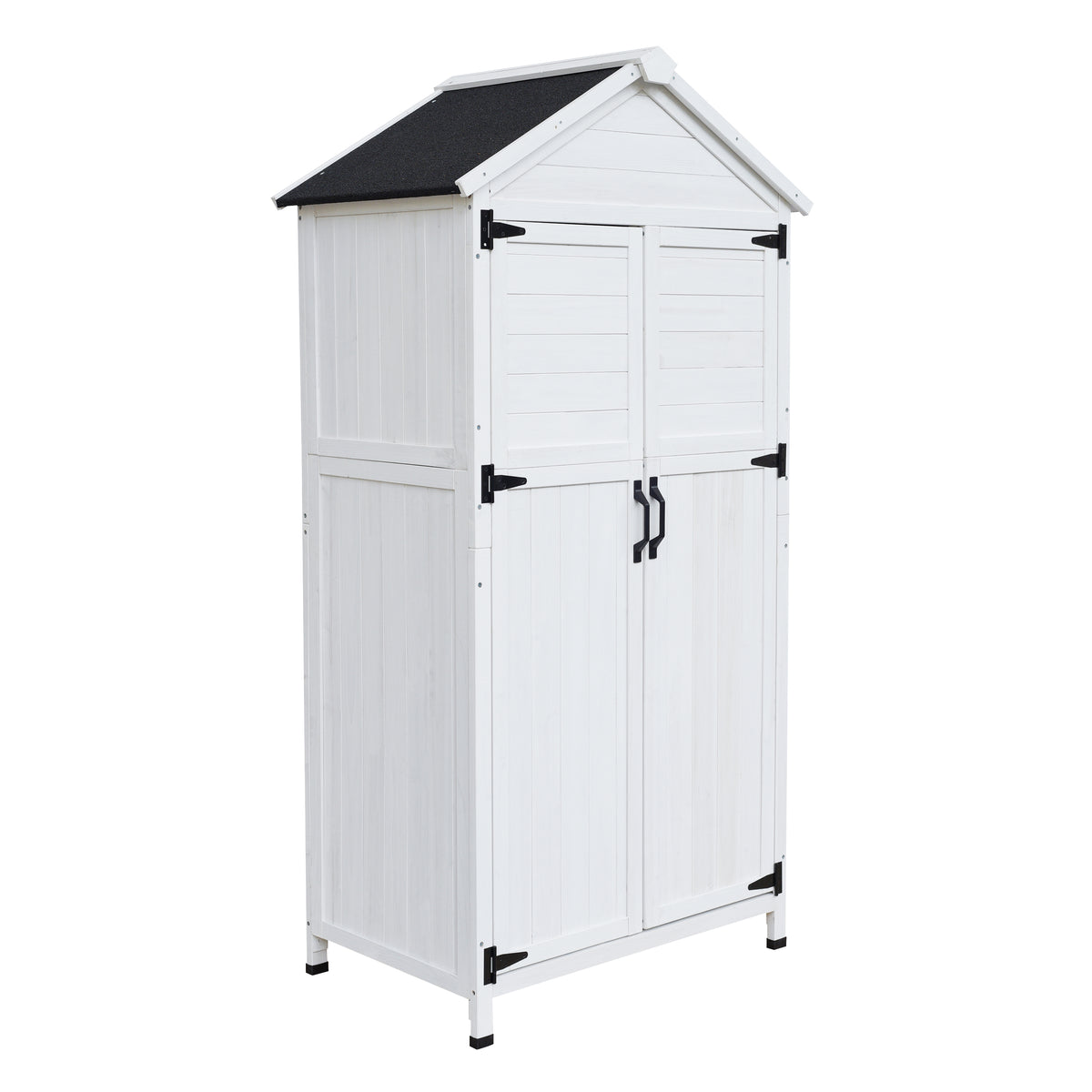 White Fir Wood Storage Shed with Double Doors, 67' Tall, Durable Wood Construction for Outdoor Garden Tool Organization