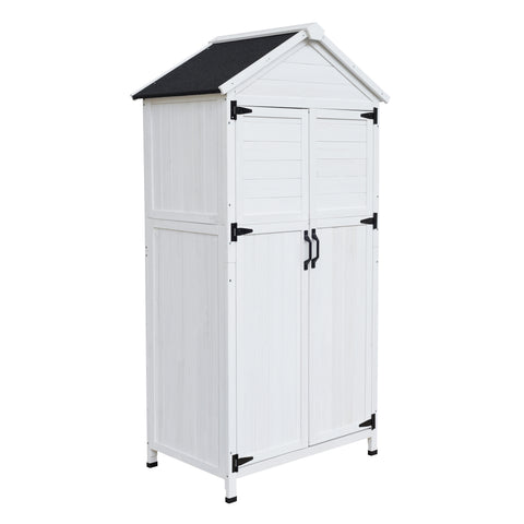 White Fir Wood Storage Shed with Double Doors, 67' Tall, Durable Wood Construction for Outdoor Garden Tool Organization