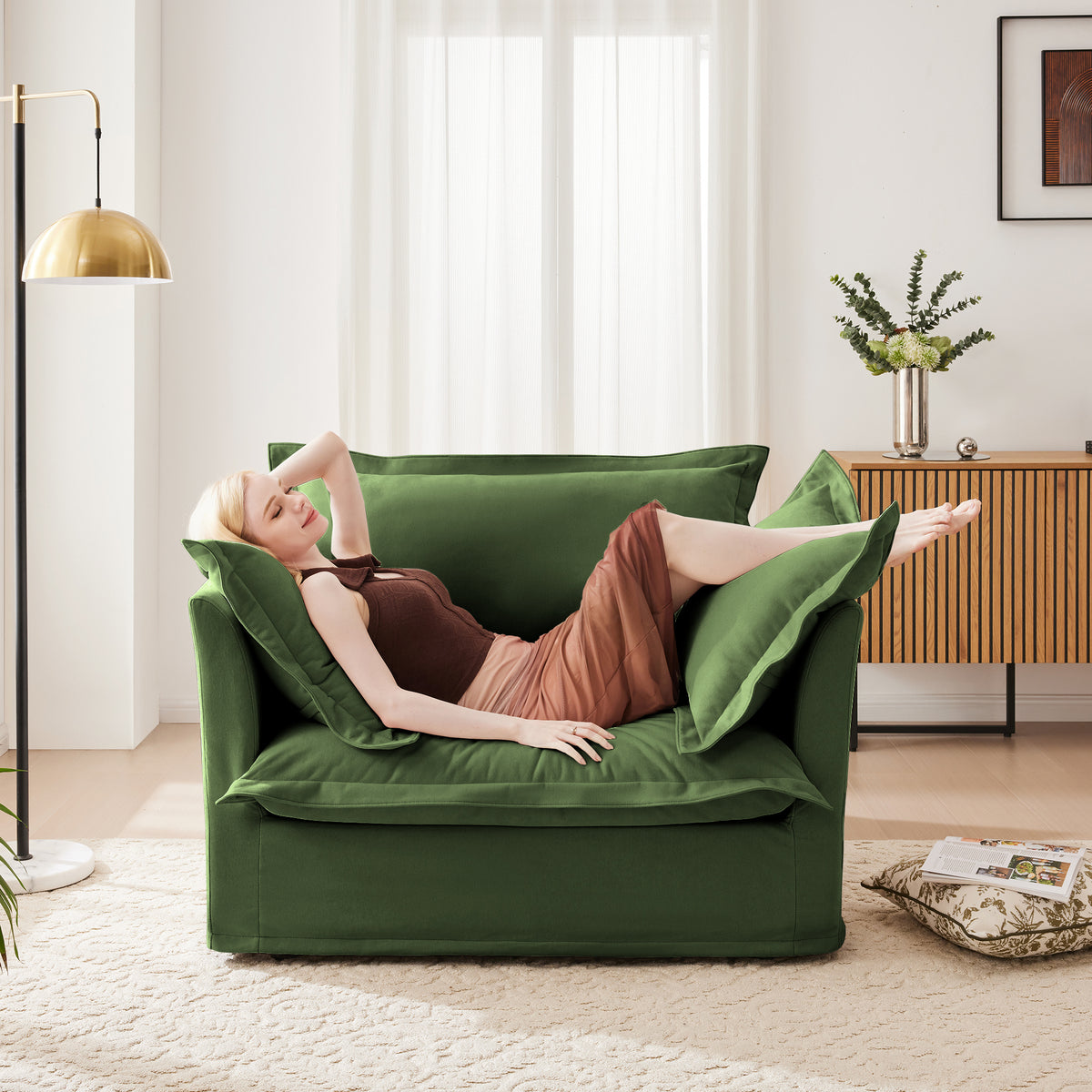 Slip-covered Armchair with 1 Big Back Cushion and 2 Big Toss Pillows, Single Deep Seat Comfy Single Couch Sofa Multiple Large Soft Pillows, Chenille Fabric, Green