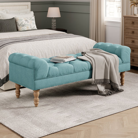 Button-Tufted End of Bed Bench,Large Upholstered Ottoman,Foot Rest with Legs,Footstool with Rolled Arms,Upholstered Fabric Bench,Indoor Bench for Bedroom,Living Room,Entryway,Dusty Teal
