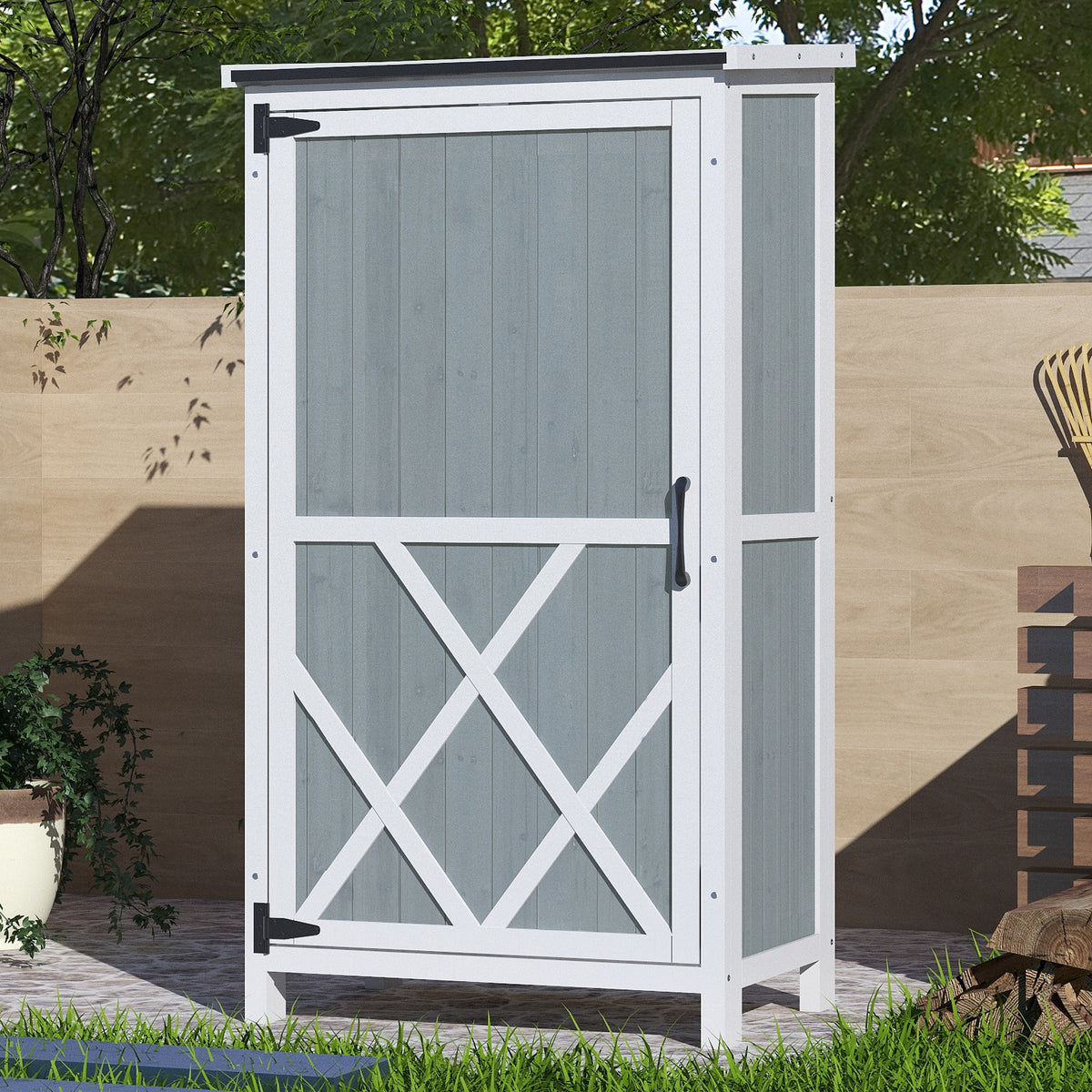 54' Two-Tone Storage Shed - Gray & White Design with Sloped Roof & 5 Compartments
