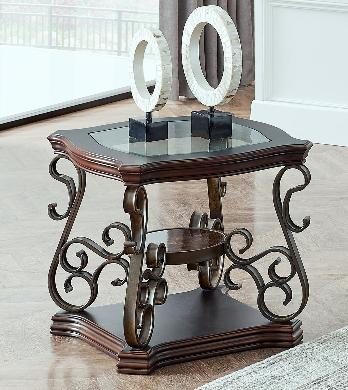 End table,  Glass table top, MDF W/marble paper middle shelf, powder coat finish metal legs. (26.3'Lx26.3'Wx24'H)