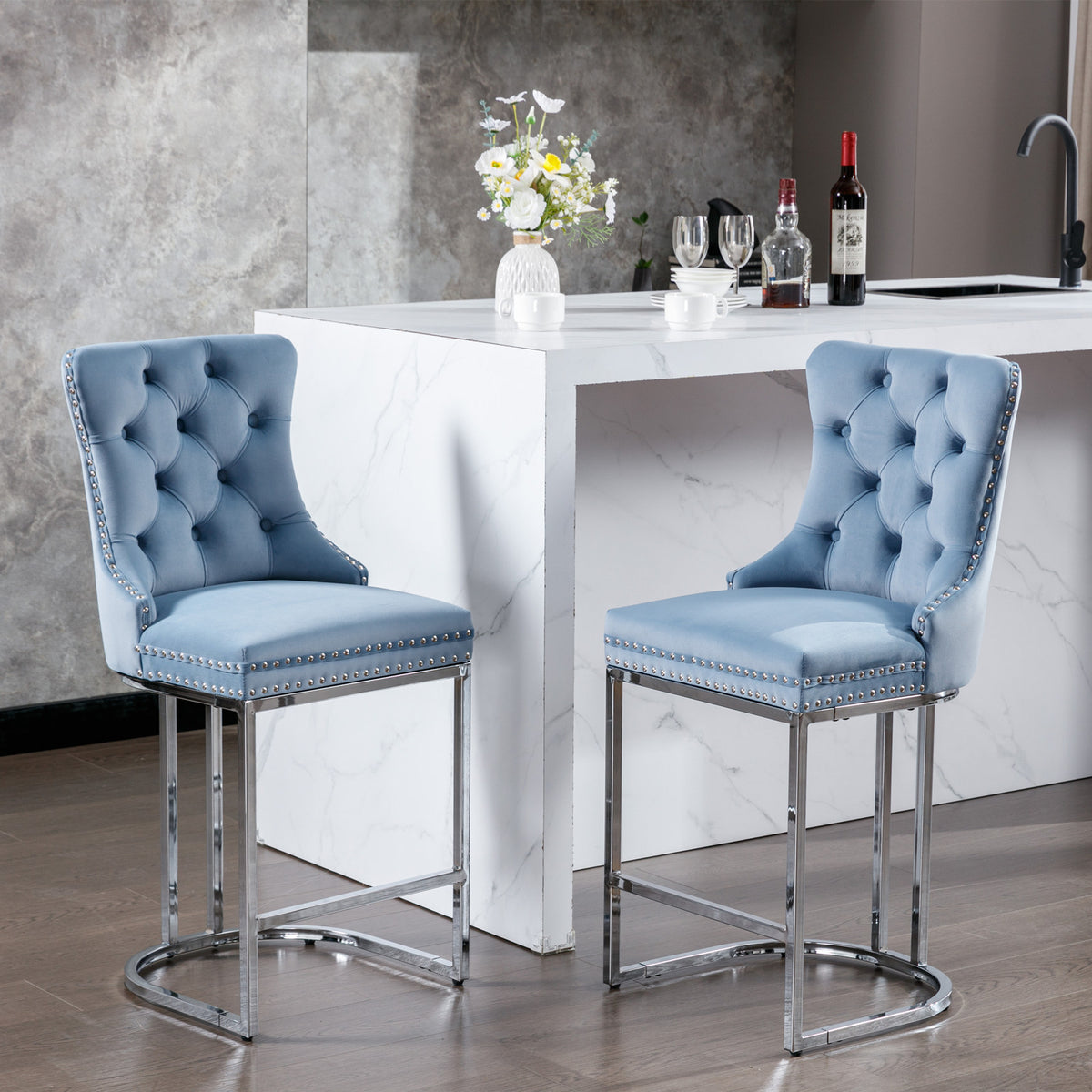 26' Counter Height Bar Stools Set of 2, Modern Velvet Barstools with Button Back&Rivet Trim Upholstered Kitchen Island Chairs with Sturdy Chromed Metal Base Legs Farmhouse Bar Stools,Light Blue,2 Pack