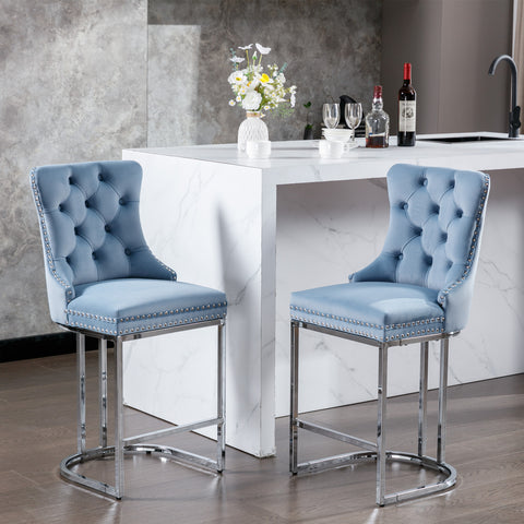 26' Counter Height Bar Stools Set of 2, Modern Velvet Barstools with Button Back&Rivet Trim Upholstered Kitchen Island Chairs with Sturdy Chromed Metal Base Legs Farmhouse Bar Stools,Light Blue,2 Pack