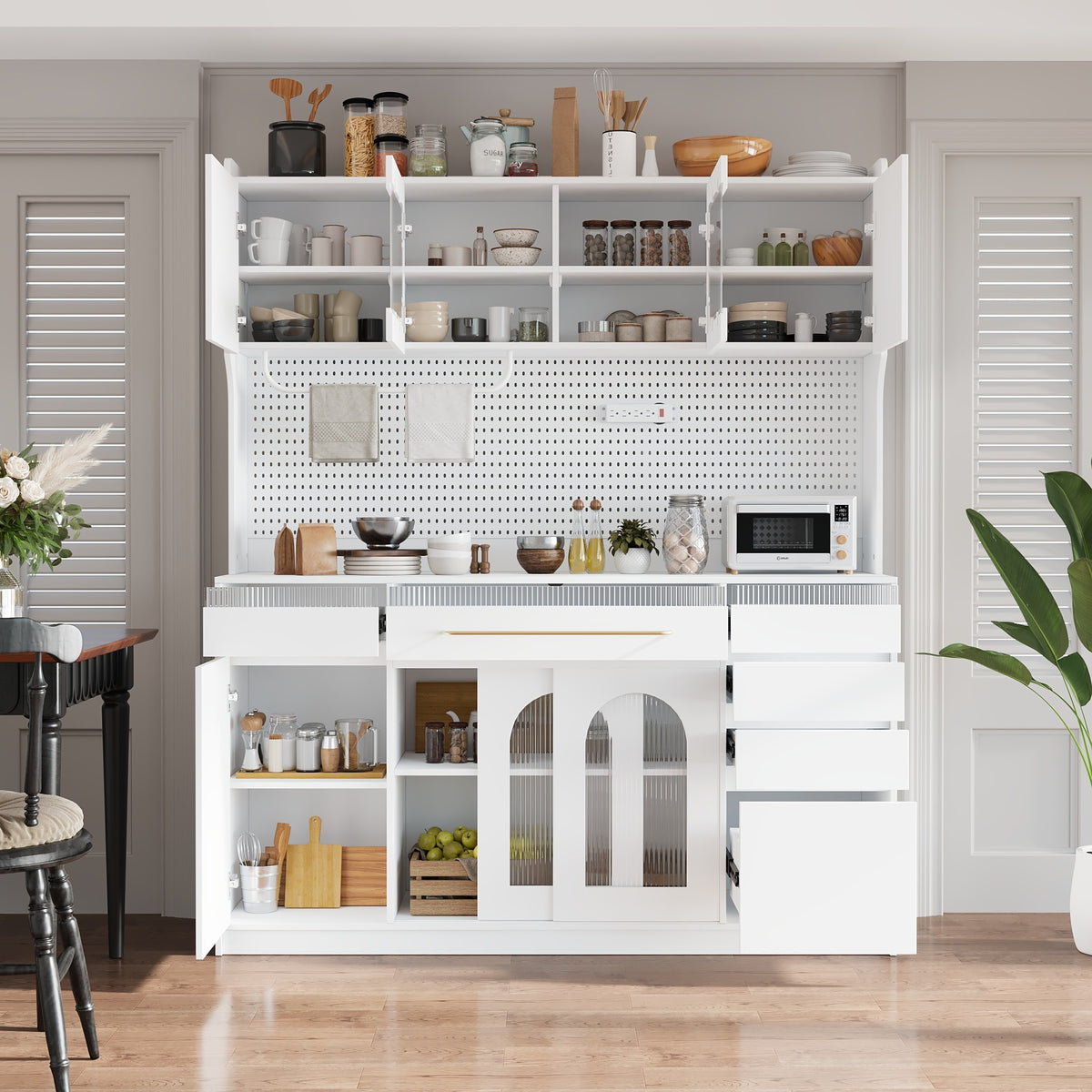 (Assembly Video Offered) TOPMAX Freestanding 63'' W Buffet with Hutch, Large Coffee Bar Storage Cabinet with 6 Drawers, 5 Cabinets with Adjustable Shelves,Pegboard,Towel Rack, Power Outlet, White