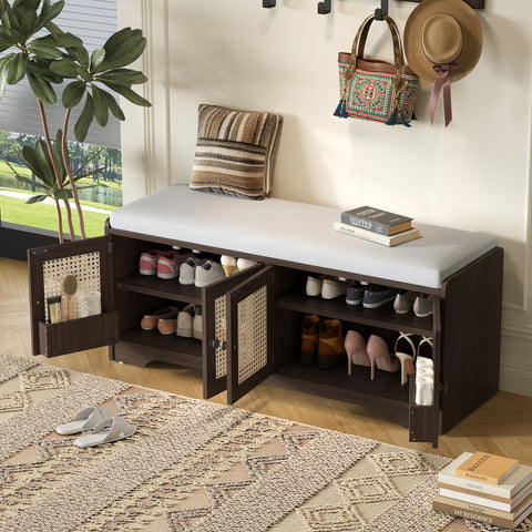 TREXM Rustic Storage Bench Multifunctional Wood Entryway Shoe Bench with Removable Cushion, Woven Rattan Doors & Adjustable Shelves for Hallway, Living Room (Espresso+Beige )