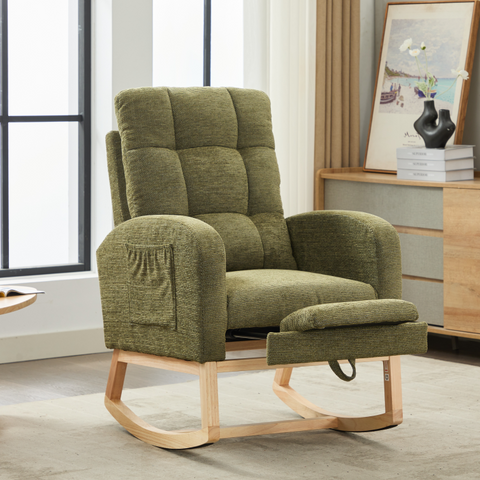 Modern Accent Rocking Chair Rocking Chair with Solid Wood Legs, adjustable Footrest,Comfy Armchair with Side Pocket, Living Room Lounge Arm Chair with High Backrest