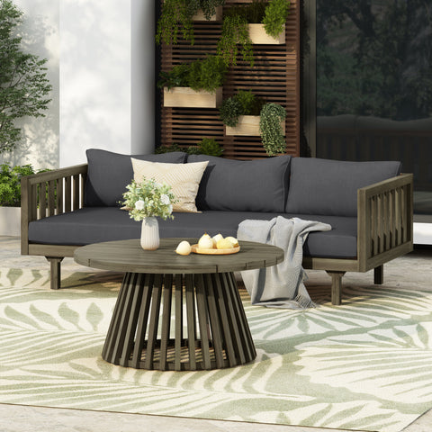 Acacia Wood Patio Furniture Set,  Outdoor Grey Finish 3 Seater Daybed(with Water Resistant Thick Cushions)and Round Coffee Table, Dark Grey Cushion