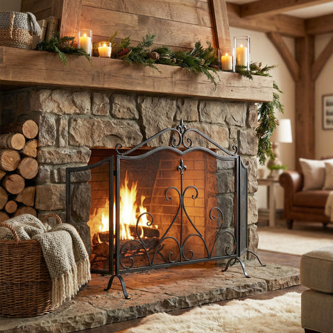 Onyx 3-Panel Iron Fireplace Screen 54' x 31.5', Black Finish
