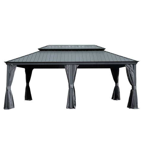12' X 20' Hardtop Gazebo, Upgraded Metal Gazebo with Drainage System, Dual-Layer Galvanized Steel Roof, Curtain and Netting, Outdoor Shelter Canopy for Patio, Garden, and Backyard, Grey