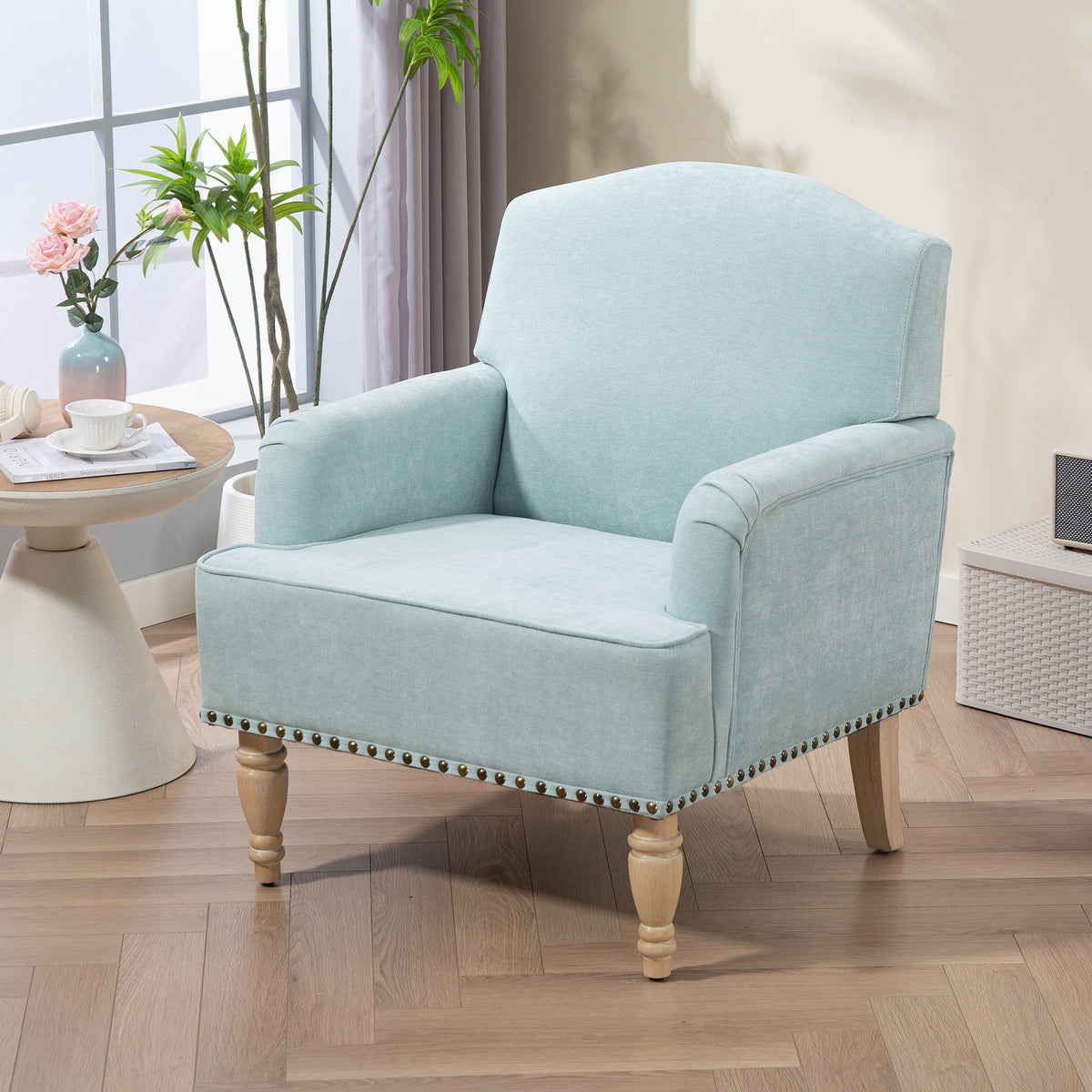 Modern Accent Chair with Retro Wooden Legs & Nailhead Trim, Small Fabric Club Chair, Comfy Upholstered Armchair Lounge Chair for Bedroom Living Room Single Sofa,Holds 300lbs(Sage)