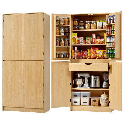 K&K 72' Tall Farmhouse Kitchen Pantry Cabinet with 8 Door Shelves, Curved Design Storage Cabinet with 3 Adjustable Shelves, Hidden Drawer, Versatile Cupboard for Kitchen, Dining & Bathroom, Natural