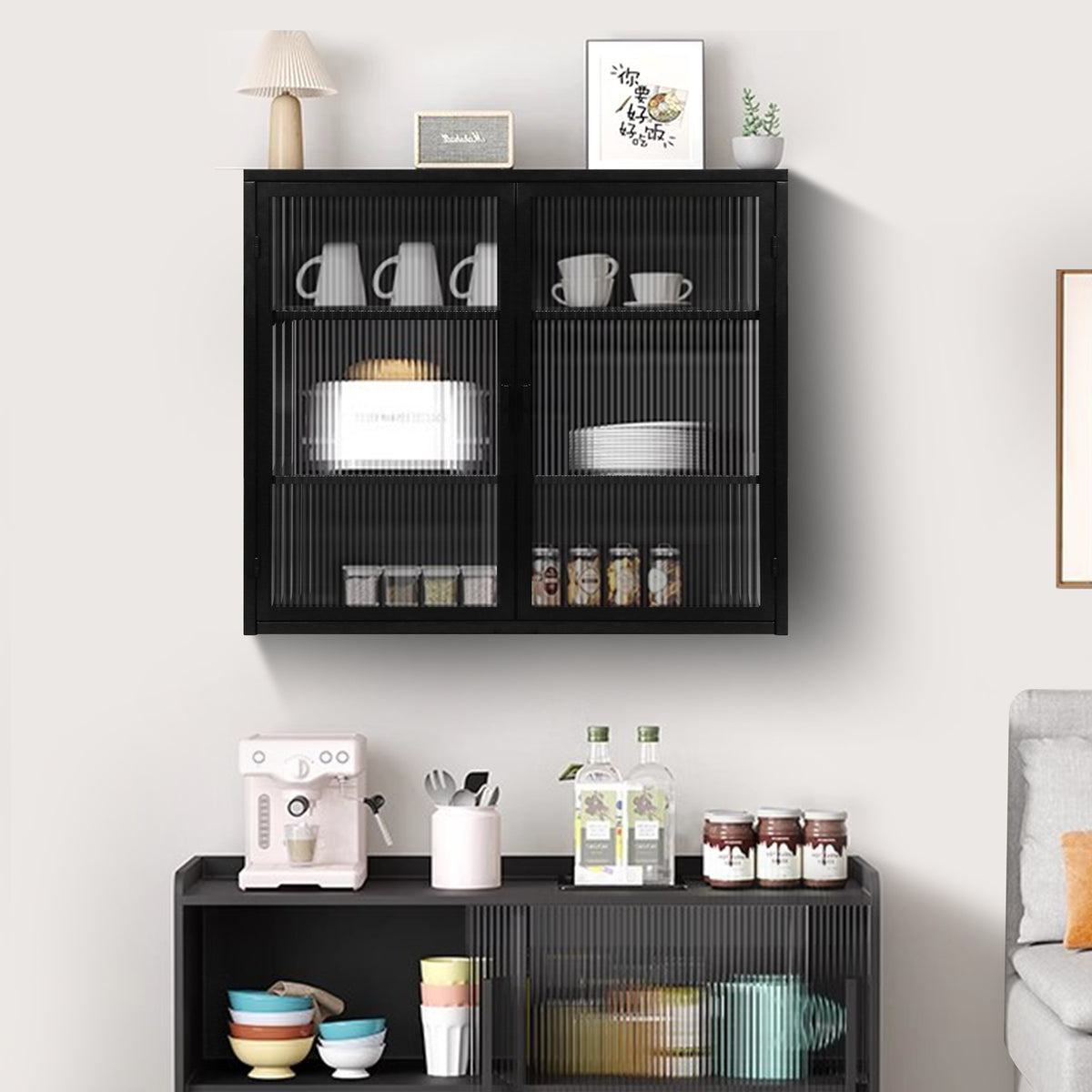 27.56'Glass Doors Modern Two-door Wall Cabinet with Featuring Three-tier Storage for Entryway Living Room Bathroom Dining Room,Black