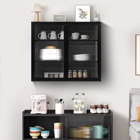 27.56'Glass Doors Modern Two-door Wall Cabinet with Featuring Three-tier Storage for Entryway Living Room Bathroom Dining Room,Black