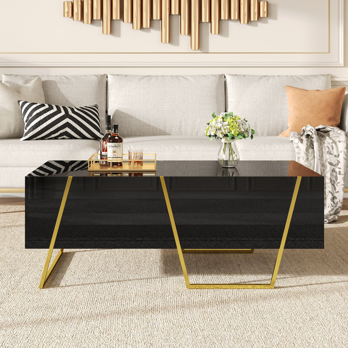 Modern Rectangular High Gloss Coffee Table for Living Room with Storage and Gold Base, 4 drawers, Black, 47.2'