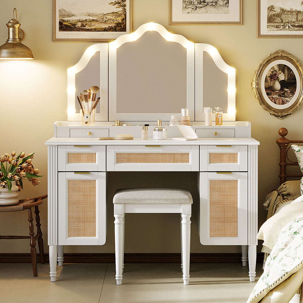 44.37 ' Makeup Vanity Desk with 13 Hollywood Bulbs and 3 Lighting Modes, Dressing Table with Tri-Fold Mirror   Large Vanity Table with 5 Drawers and Shelves and  Charging Station for Bedroom, White