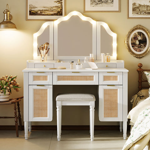 44.37 ' Makeup Vanity Desk with 13 Hollywood Bulbs and 3 Lighting Modes, Dressing Table with Tri-Fold Mirror   Large Vanity Table with 5 Drawers and Shelves and  Charging Station for Bedroom, White