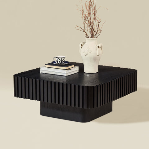 31.5 Inch Modern Handcraft Drum Coffee Table Square Coffee Table for Living Room,Small Wooden Coffee Table with Sturdy MDF Pedesta,Black Color