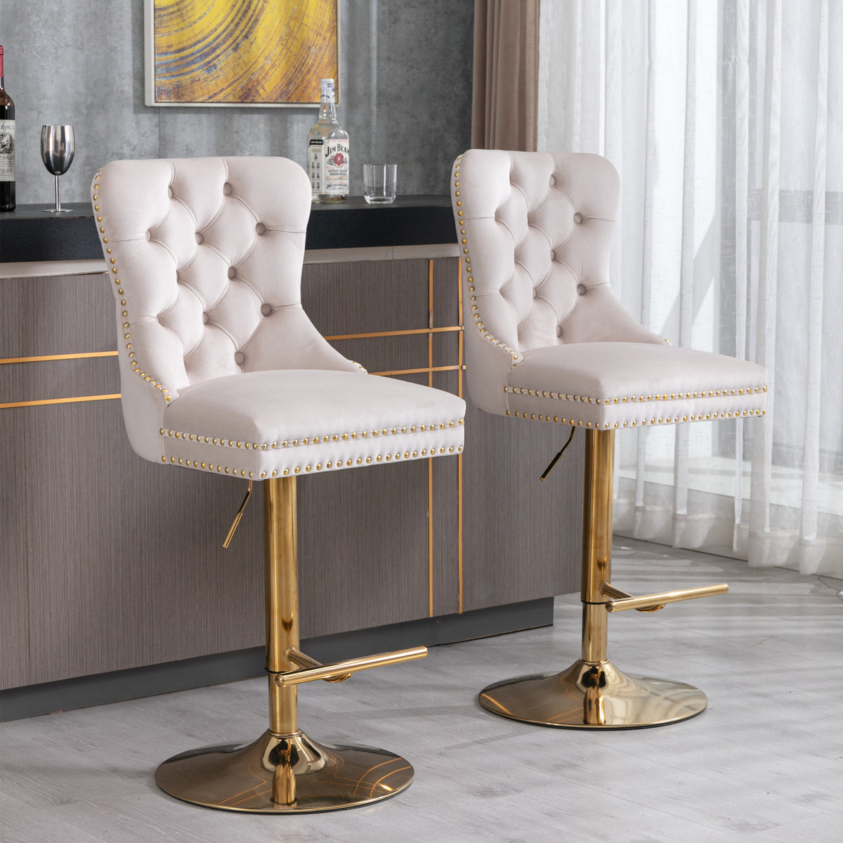 A&A Furniture,Thick Golden Swivel Velvet Barstools Adjusatble Seat Height from 27-35 Inch, Modern Upholstered Bar Stools with Backs Comfortable Tufted for Home Pub and Kitchen Island (Beige,Set of 2)