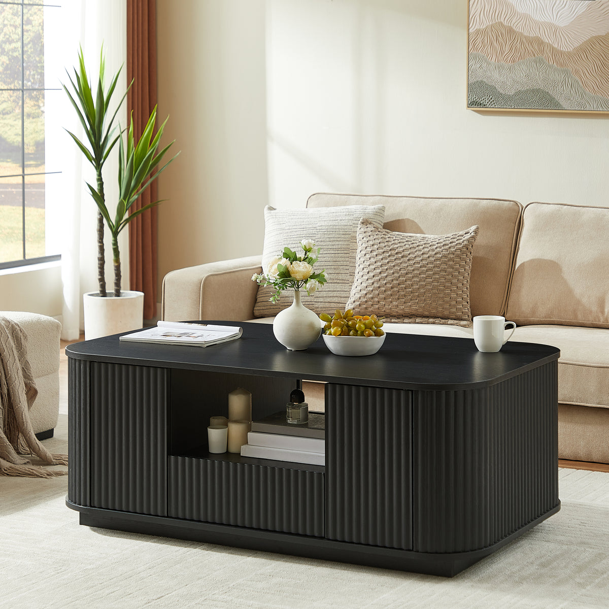 46.5'modern luxury oval coffee table with drawers and storage compartments, curved contour design, living room center coffee table, suitable for living rooms and offices, Black, 46.5'L*27.2'W*17.7'H