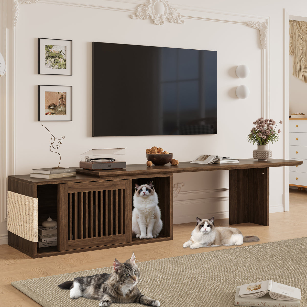 Mid-Century Modern 2 in 1 Cat Furniture 78' Extendable Walnut TV Stand (up to 100'),  Entertainment Center Litter Box Enclosure with Cat Scratcher