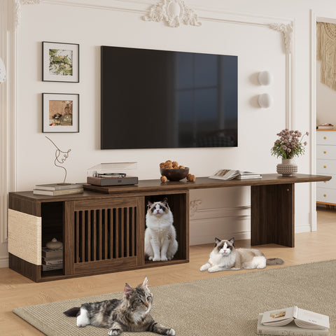 Mid-Century Modern 2 in 1 Cat Furniture 78' Extendable Walnut TV Stand (up to 100'),  Entertainment Center Litter Box Enclosure with Cat Scratcher