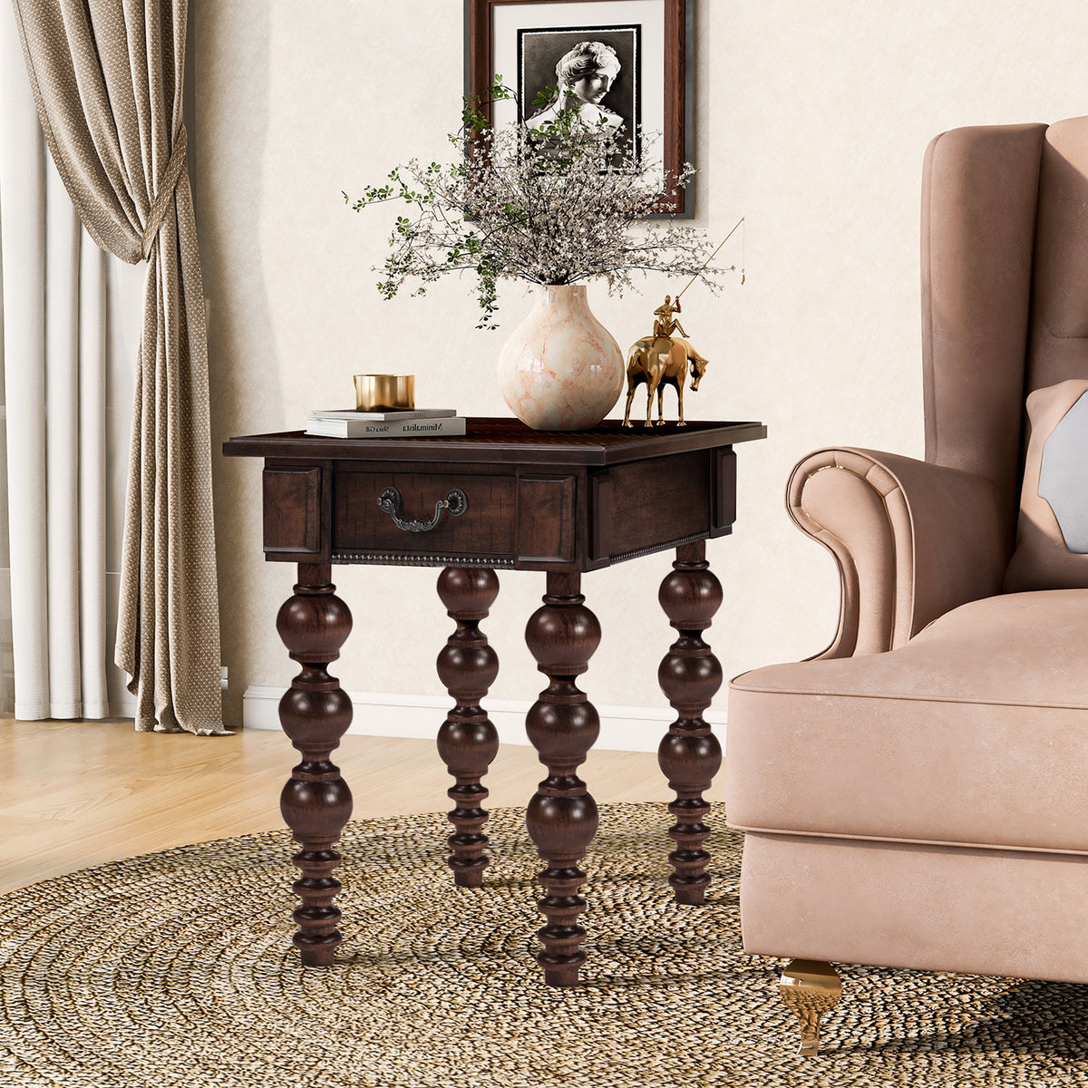 Solid Wood End Table with Drawer, Easy Assembly Vintage Narrow Sofa Side Table for Living Room, Espresso