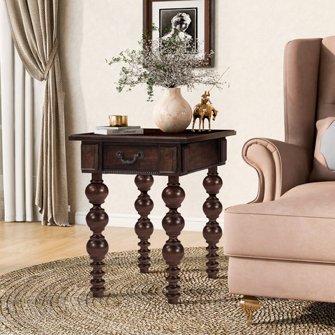 Solid Wood End Table with Drawer, Easy Assembly Vintage Narrow Sofa Side Table for Living Room, Espresso