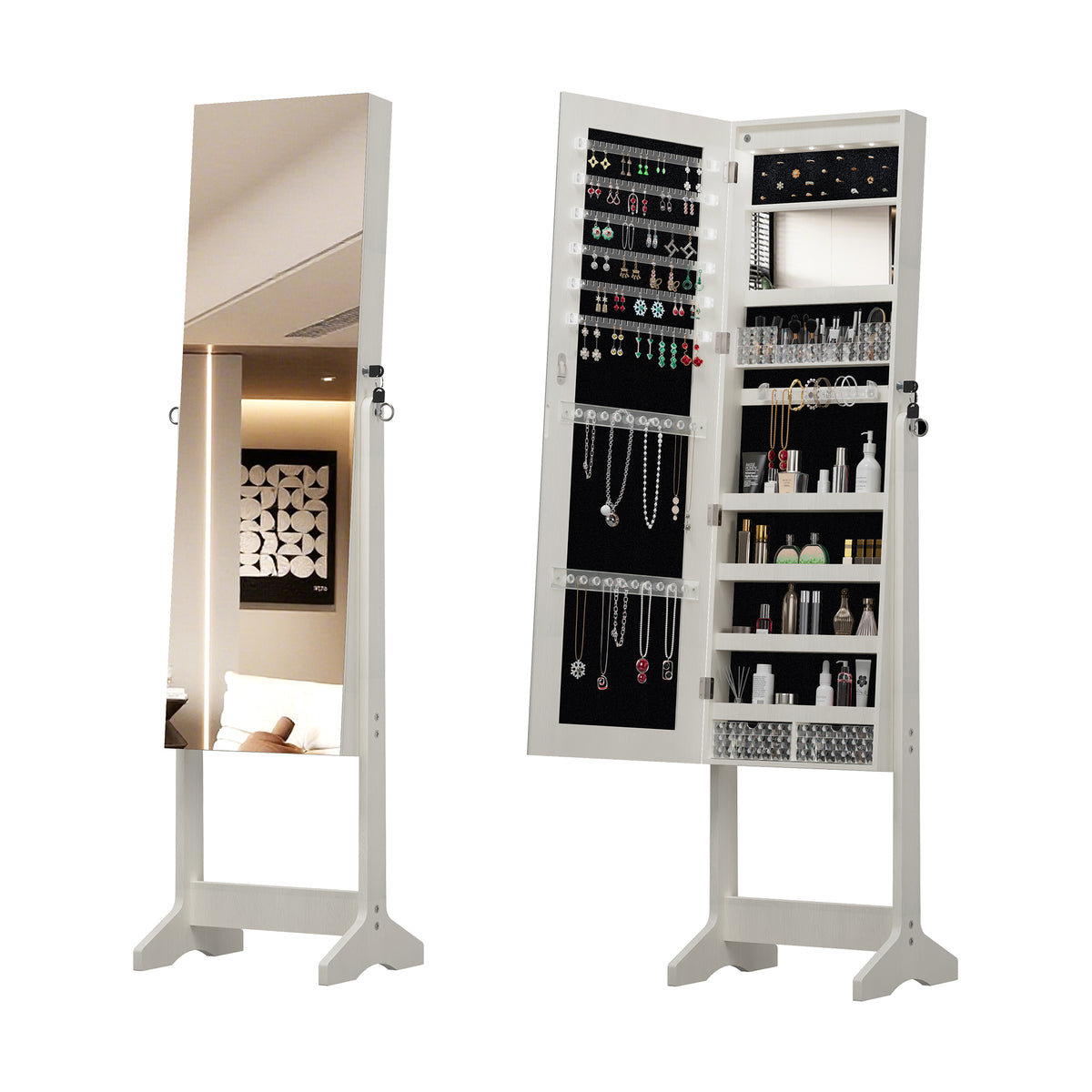 Jewelry Cabinet Armoire with Full Length Mirror with stand, Jewelry Armoire Organizer, Lockable Storage Cabinet, Interior Lighted Mirror, White